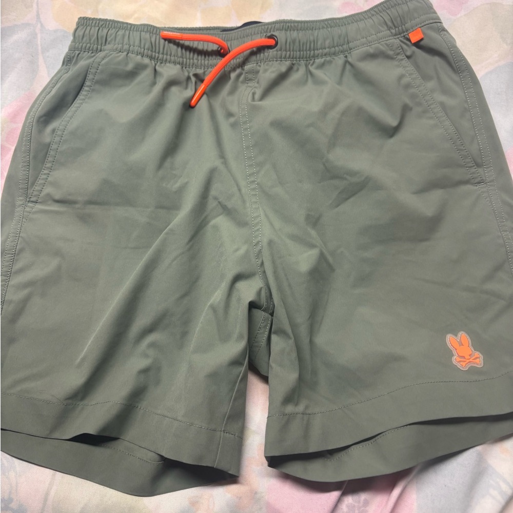 Psycho Bunny Kids Swim Trunks in Green with Orange Accents